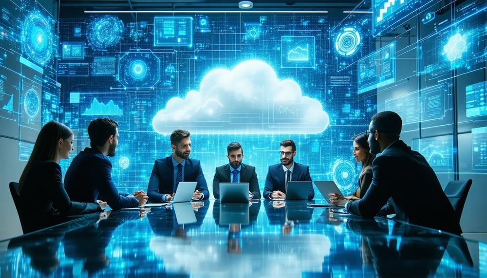 Business professionals collaborating on cloud technology solutions Business professionals collaborating on cloud technology solutions